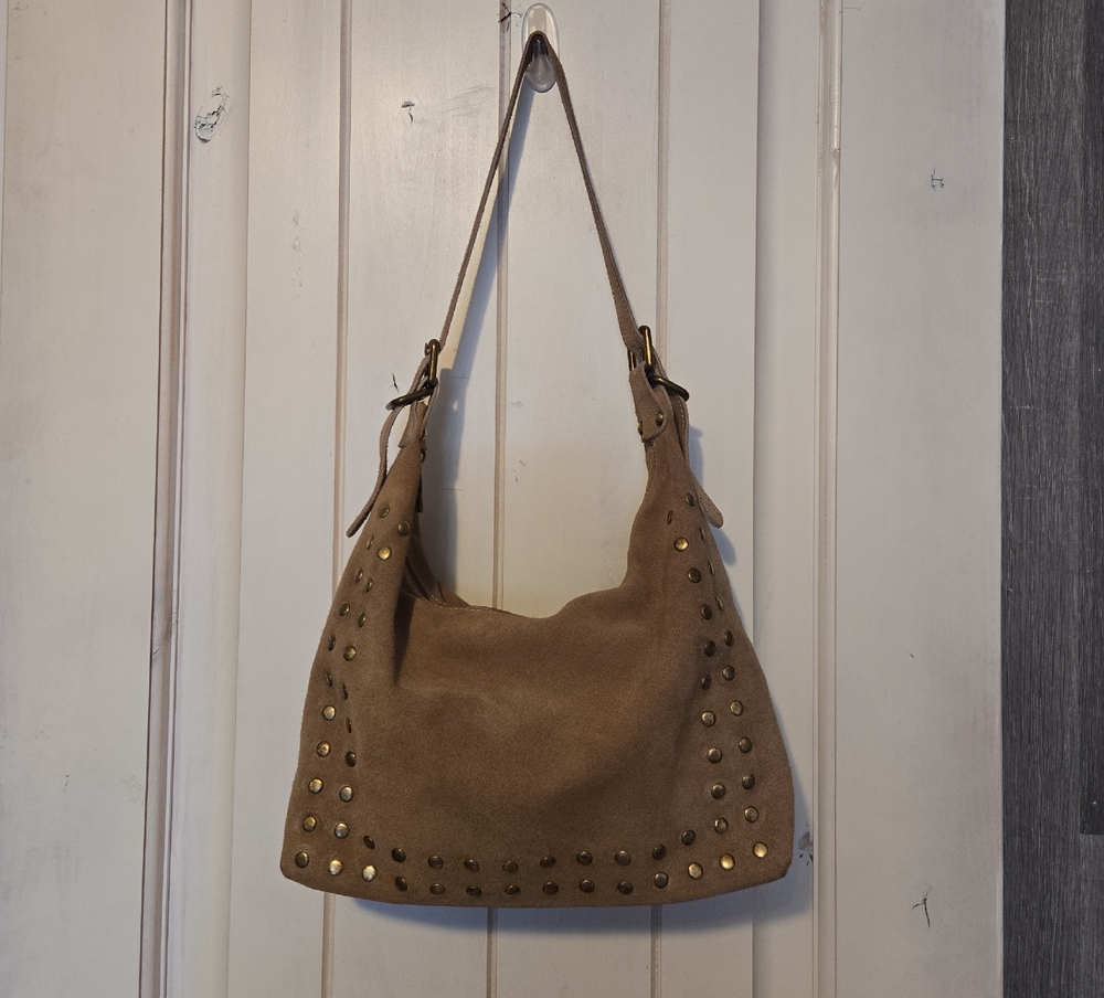 Italian Leather Suede Tan Studded Hobo Bag